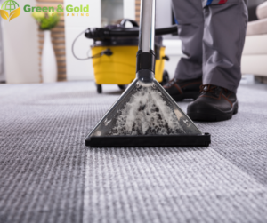 Professional cleaning a gray carpet with a commercial cleaning machine, 'Green & Gold Cleaning' logo visible in the background.