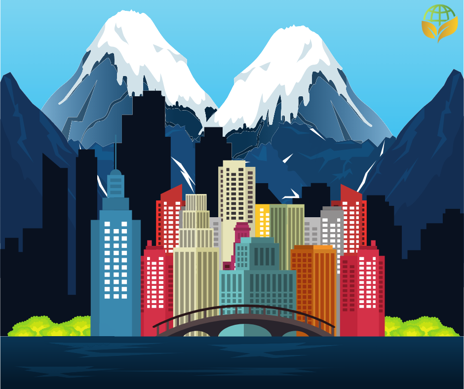 A stylized graphic illustration of a cityscape set against a backdrop of snow-capped mountains and a clear blue sky. The city features a variety of colorful buildings and a bridge over a body of water, representing a vibrant urban environment nestled within a natural landscape.