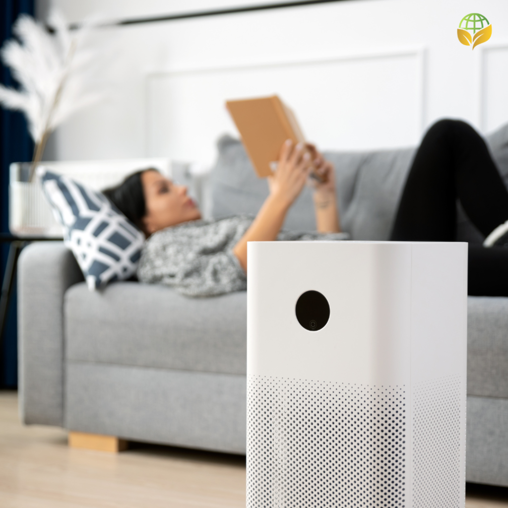 A woman lying on a couch reading a book with a white air purifier in the foreground, signifying the role of air purifiers in allergen reduction.