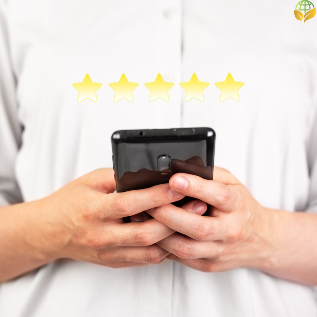 An image of a person holding a smartphone, with five gold stars floating above the screen, symbolizing a five-star service rating. The person's attire appears casual, and the background is neutral, focusing attention on the rating concept.