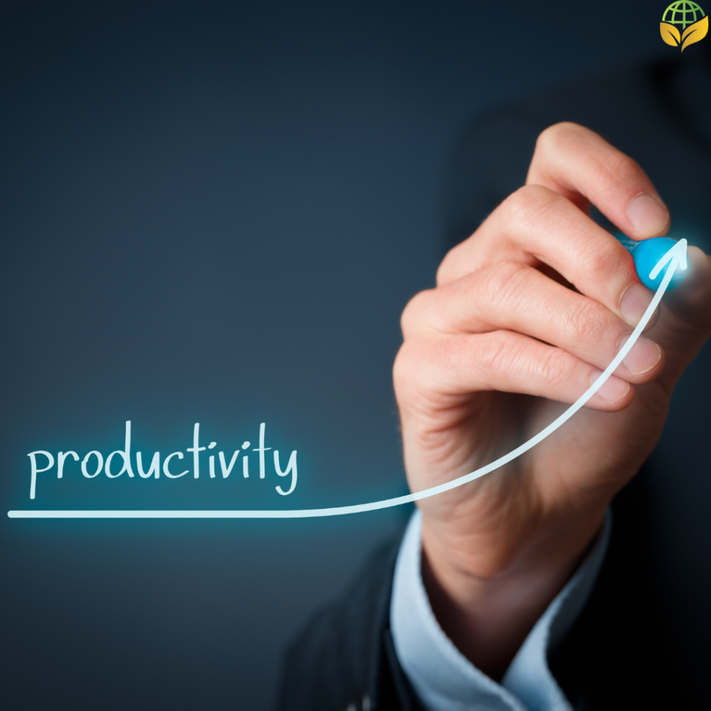 This image features a hand drawing an ascending graph labeled "productivity" against a dark background. The graph signifies an increase in productivity, with the hand holding a marker, suggesting the concept of growth or improvement in performance.